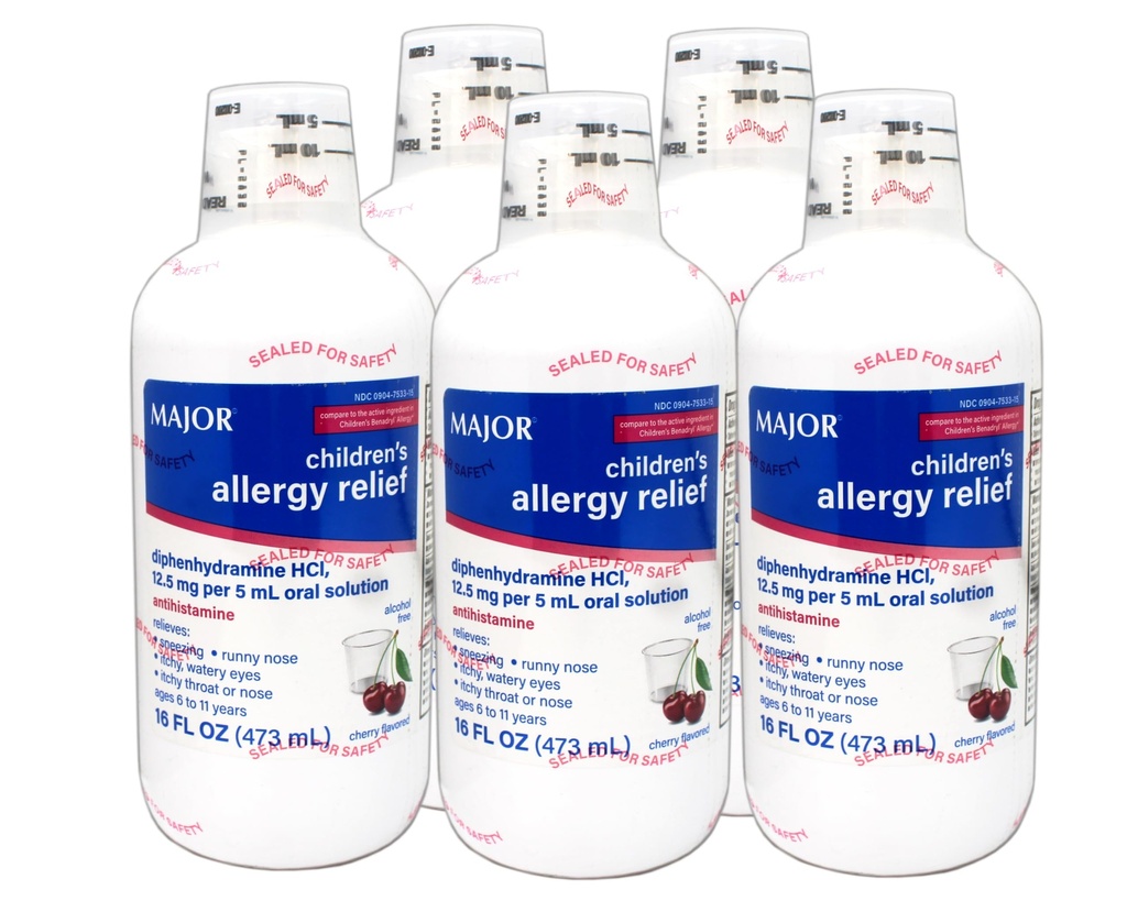MAJOR Children's Allergy Relief Diphenhydramine HCI 12.5mg/5 mL Oral Solution, Cherry Flavored, 16 FL OZ (Pack of 5)