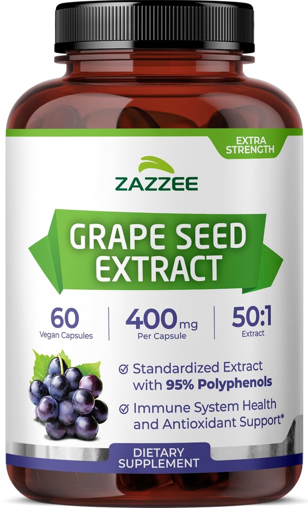 Zazzee High Strength Grape Seed 50:1 Extract, 60 Vegan Capsules, 95% Polyphenols, 400 mg per Capsule, 2 Month Supply, Antioxidant, Circulation & Blood Flow Support, Non-GMO, Made in the USA