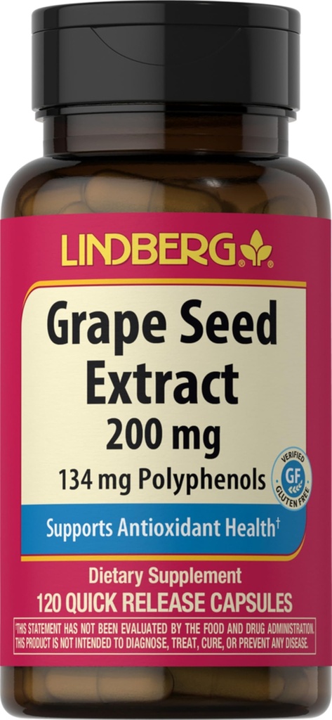 Lindberg Grape Seed Extract | 200mg | 120 Quick Release Capsules | 134mg Polyphenols | Non-GMO, Gluten Free Supplement