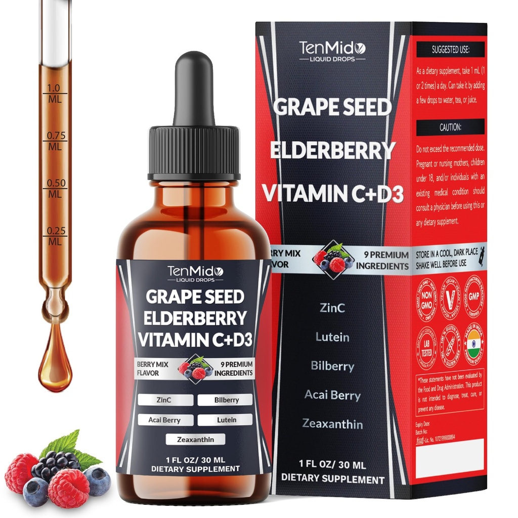 9in1 Grape Seed Extract Liquid Drops with Elderberry, Bilberry, Acai Berry, Lutein, Zeaxanthin, and More - Antioxidant & Immune System Support - 30ml 1 Fl Oz