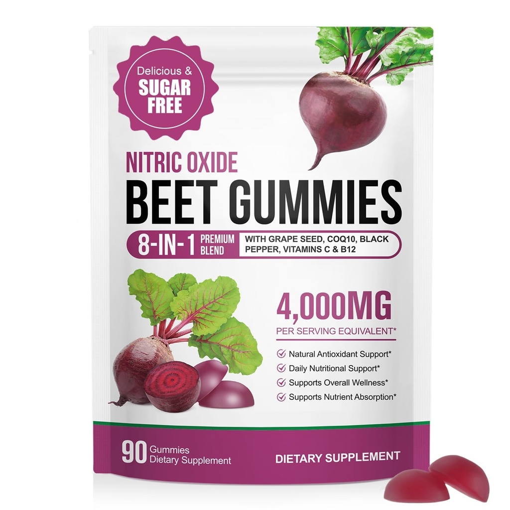 Super Beetroot Gummies, 8 in 1 Beet Root 4,000mg with Grape Seed Extract & CoQ10, Sugar Free - 90 Count (1)