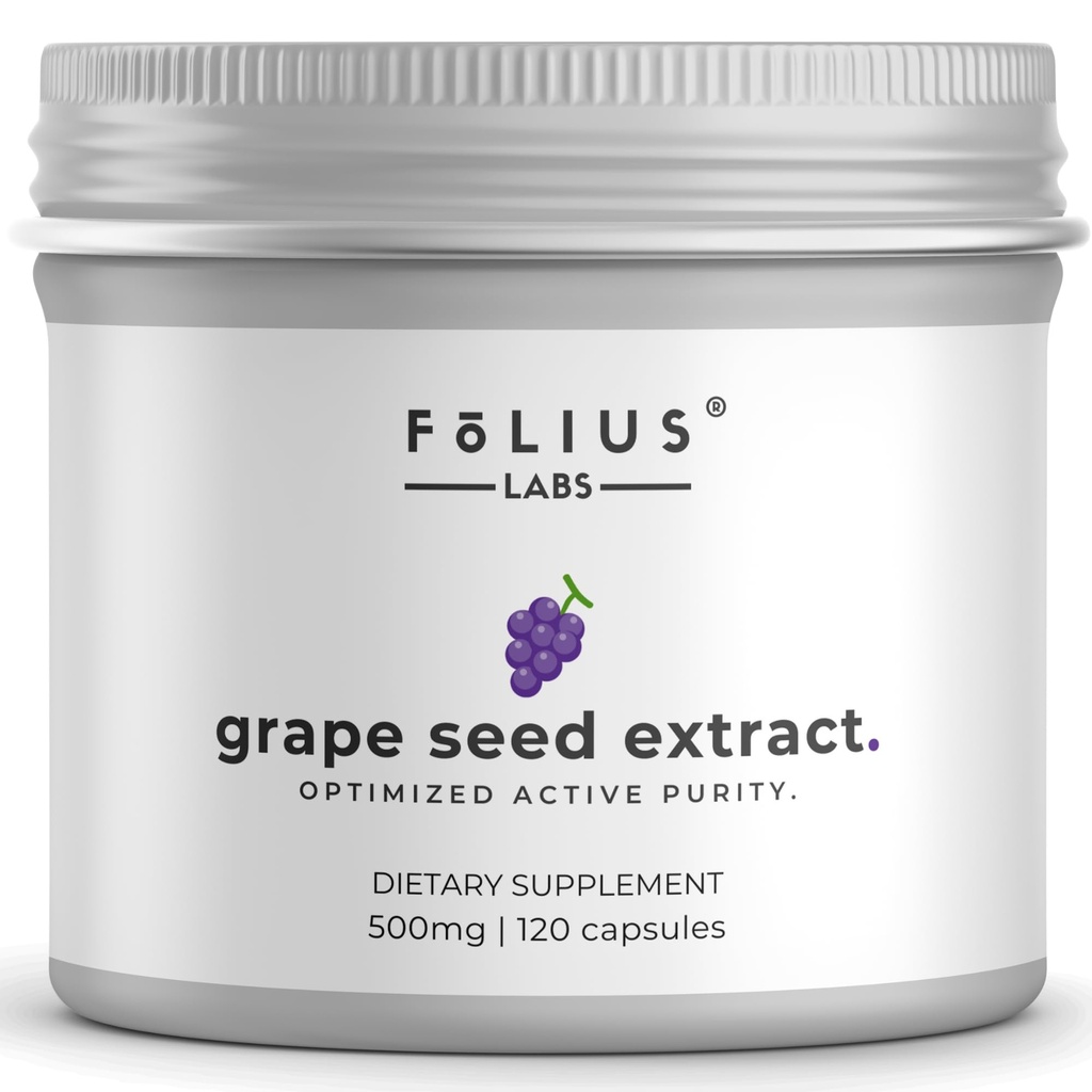 FOLIUS LABS Grape Seed Extract 500mg - 95% OPCs Polyphenols - High Strength Grape Seed Supplement - Support Cardiovascular Health – 120 Capsules