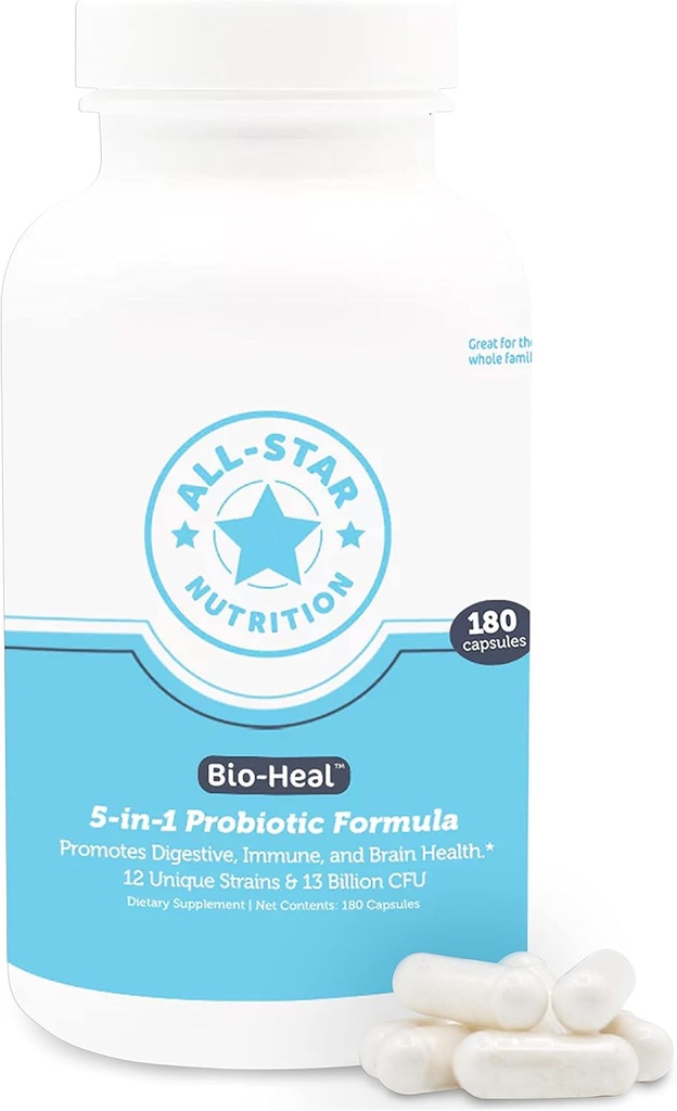5-in-1 Bio-Heal® Probiotic Κάψουλες για παιδιά, άνδρες και γυναίκες - Καλύτερο συμπλήρωμα για εγκεφαλική λειτουργία, υγεία και δυσκοιλιότητα - Ράφι Σταθερό & Ενισχυμένο με Βιταμίνες, Ορυκτά & Πρεβιοτικά