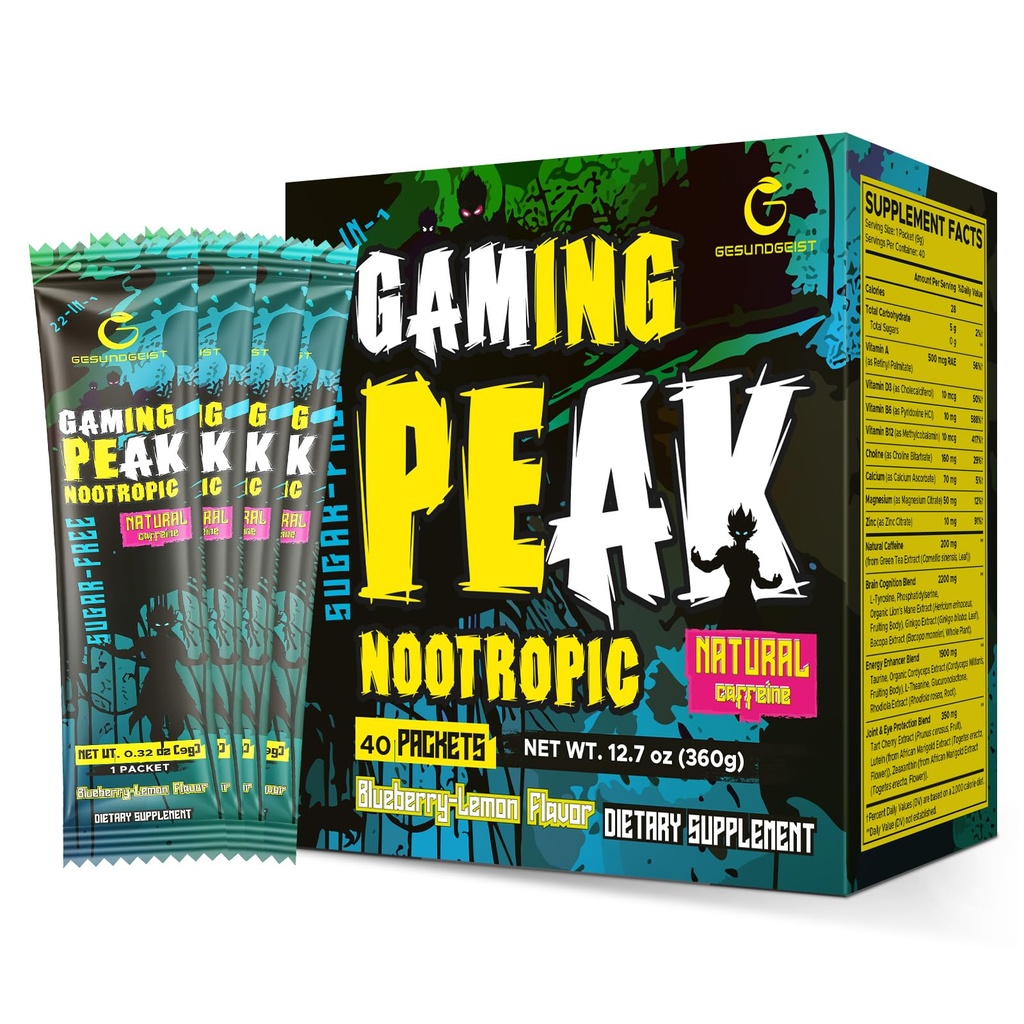 Energy Drink Powder – Gaming Focus Formula with Nootropics & Natural Caffeine – for Attention, Accuracy & Reaction – Sugar-Free, Vegan – Blueberry Lemon – 40 Individual Sticks