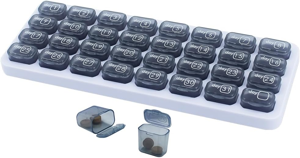 Monthly Pill Organizer, Large Travel Pill Box 31 Day, Daily Pill Case, Pill Holder Container for Vitamin, Medicine, Supplement, Fish Oil, Grey