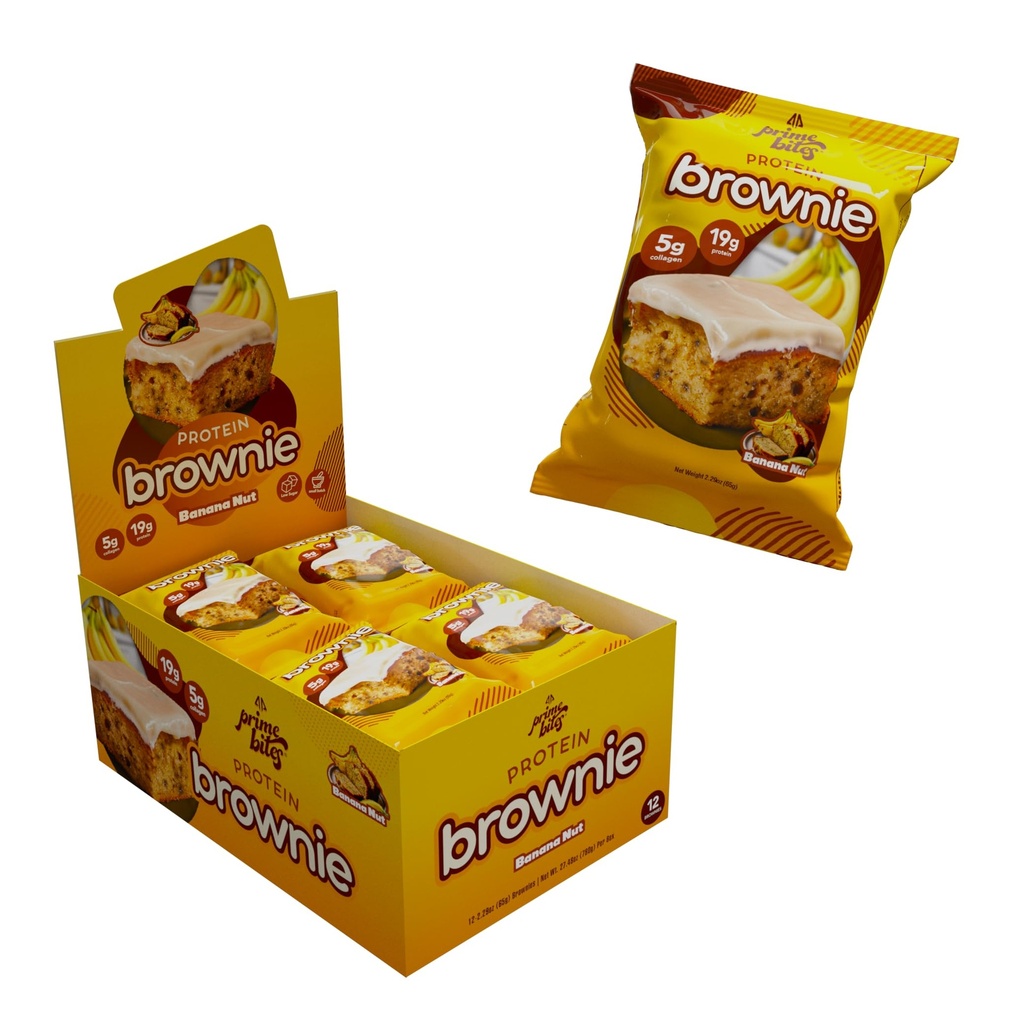 Prime Bites High Protein Brownie (12 Per Box, Banana Nut) - 19g of Protein, 5g of Collagen, Gluten Free, Low Sugar Treat, Delicious Protein Snack