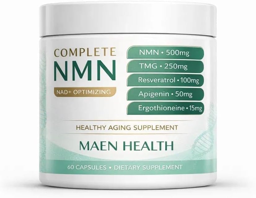 Maen Health Powerful NAD+ Support ，Complete NMN - 5-in-1 Anti-Aging Capsules, 500mg NMN with Resveratrol, Trimethylglycine, Ergothioneine, and Apigenin | Non-GMO, Gluten-Free 60 Capsules