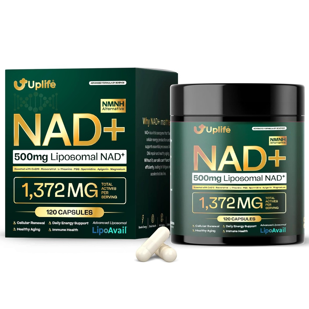 UPLIFE NAD+ Supplement 1,372mg Liposomal NAD+ with CoQ10, Resveratrol, Spermidine, L-Theanine, Apigenin & PQQ NMNH Alternative Booster for Cellular Energy, Healthy Aging, Immune Health 120 Capsules