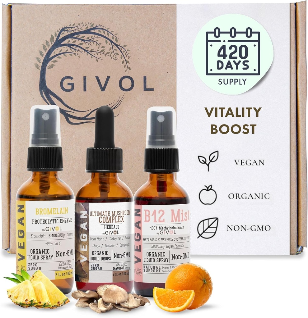 Vitality Boost Bundle Liquid Spray - Ultimate Mushroom Complex, Bromelain, B12 Methylcobalamin - Complete Multivitamin - Plant-based, Non-GMO, Gluten Free, Sugar Free 2 Fl Oz (420 Days Supply)