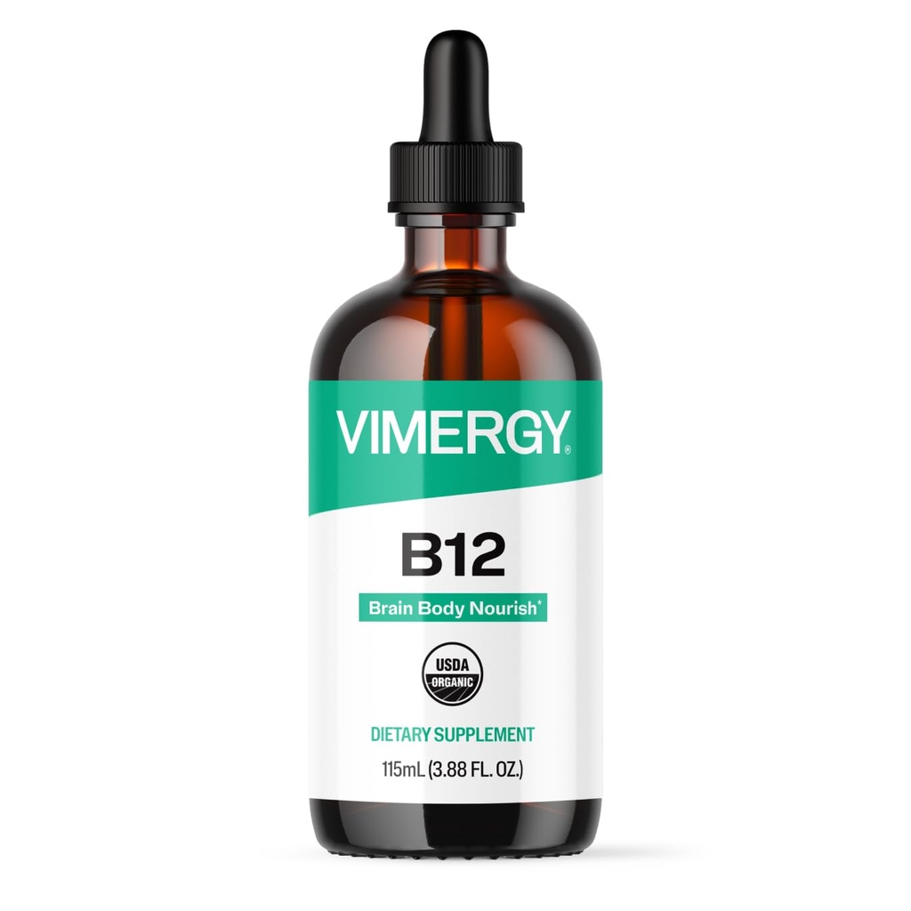 Vimergy Organic Liquid Vitamin B12 Συμπλήρωμα 2500 mcg, Methylcobalamin & Adenosylcobalamin Υποστήριξη ενέργειας ταχείας απορρόφησης USDA Organic, Vegan, Μη ΓΤΟ B12 Βιταμίνες για γυναίκες & άνδρες 115 Σερβίρισμα (115 mL)