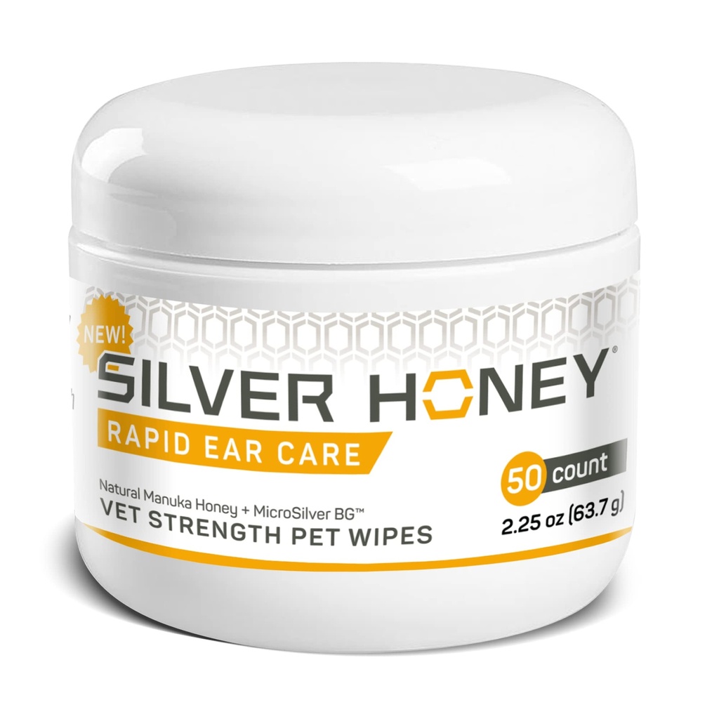 Silver Honey Rapid Ear Care Vet Strength Pet Wipes, 50ct, Manuka Honey & MicroSilver BG