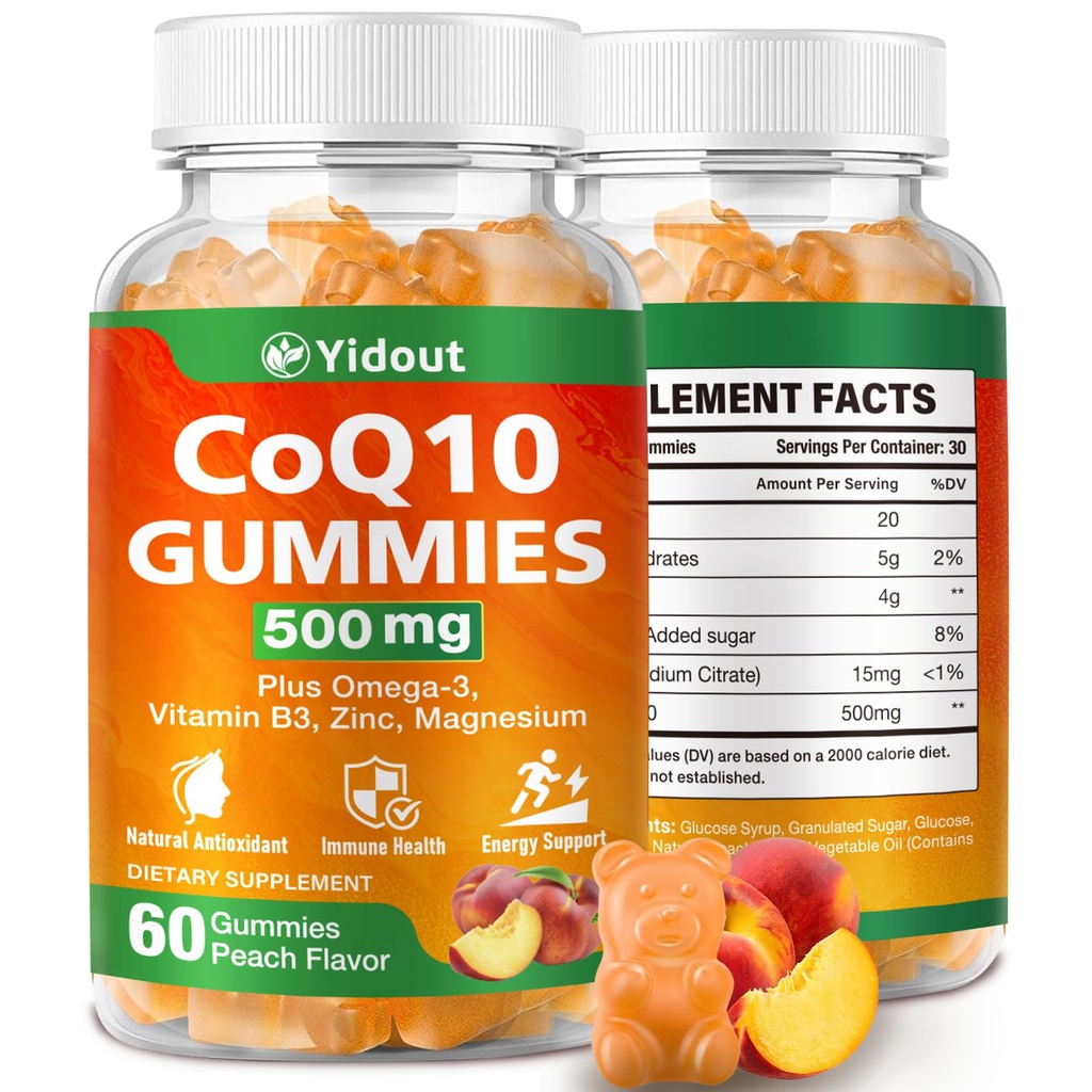 CoQ10 500MG Gummies - Plus Omega-3, Vitamin B3, Zinc, Magnesium - High Absorption Coenzyme Q10 Supplements for Heart Health, Cellular Energy, & Antioxidant Support, Peach Flavor (60 Count(Pack of 1))