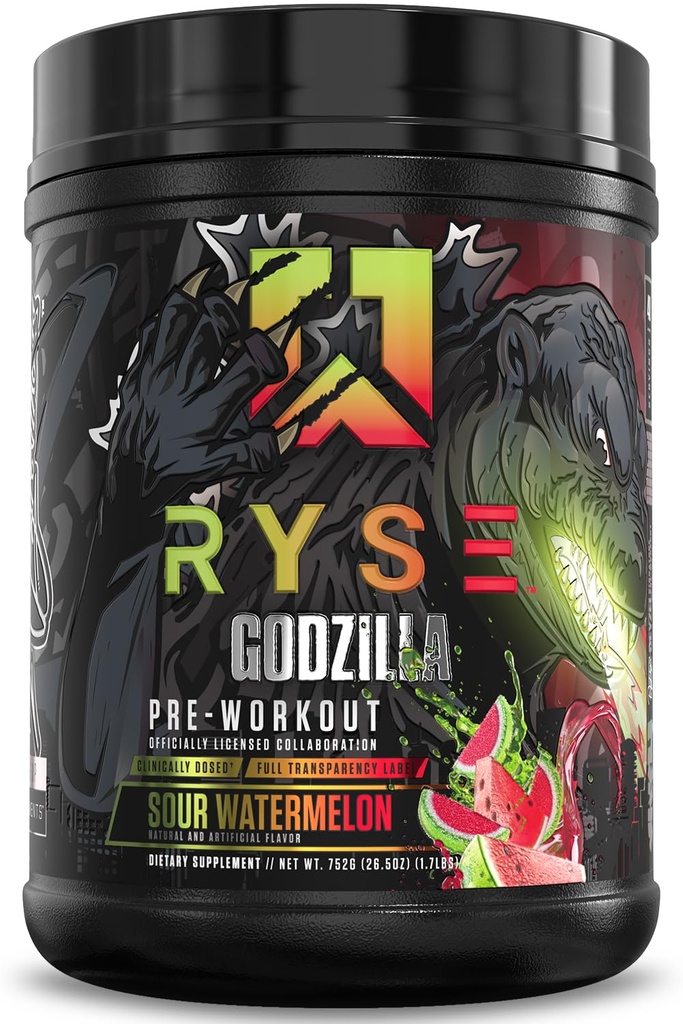 RYSE Godzilla X Noel Deyzel Pre Workout Powder - Sour Watermelon - 400mg Caffeine, High Stim Pre-Workout for Men & Women with Citrulline & Beta Alanine - Energy, Pump & Focus - 20/40 Servings