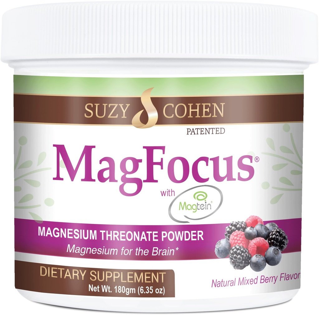 Suzy Cohen MagFocus Μαγνήσιο L-Θρεονική σκόνη με μαγτεΐνη (μικτό μούρο) Plus Μαγνήσιο Γλυκινικό για την ευεξία, την εστίαση και τη γνώση - Χωρίς γλουτένη, μη ΓΤΟ, χορτοφάγοι (60 εξυπηρετούν)