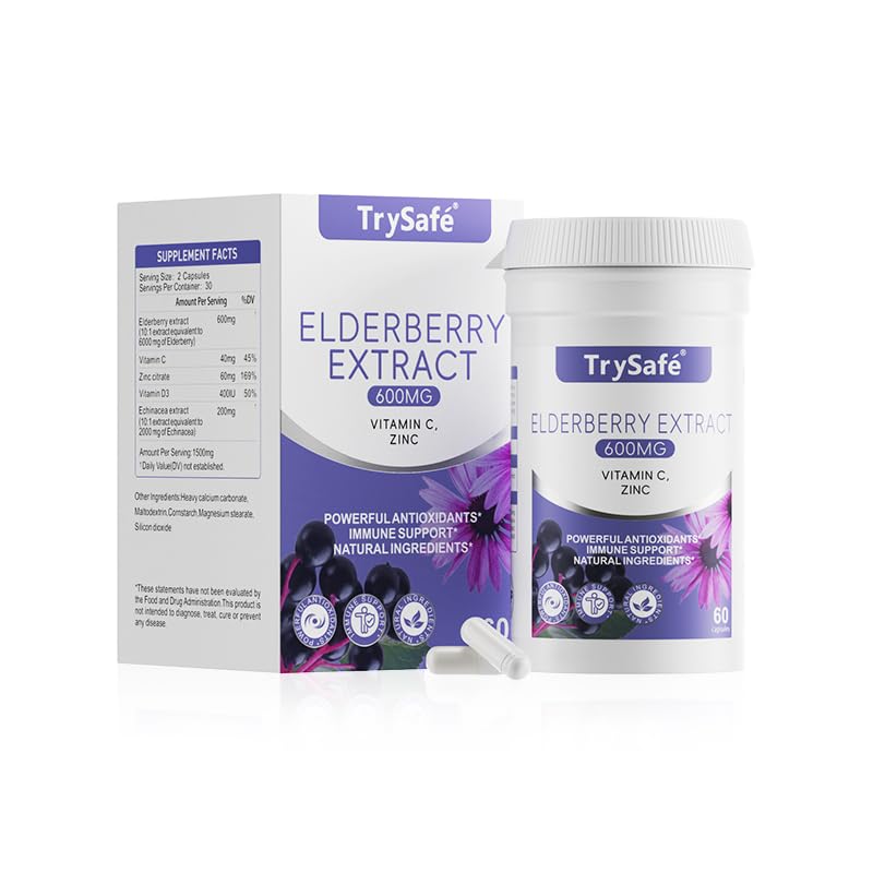 900mg Elderberry Immune Support Supplement 5-in-1 Formula with 10:1 Concentrated Extraction 600mg Elderberry Extract, 200mg Echinacea Extract, 60mg Zinc, 40mg VC + VD, Support Immune System*
