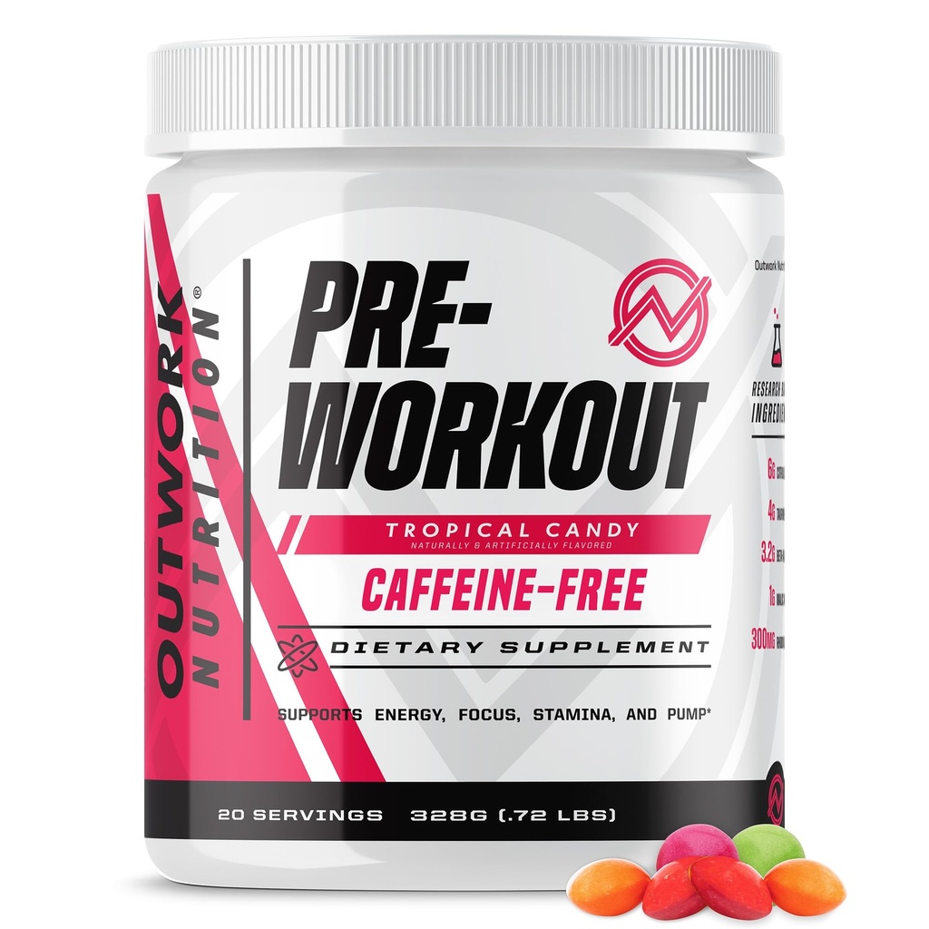 Outwork Nutrition Non-Stim Pre Workout Powder - Citrulline Malate, Beta-Alanine, Rhodiola Extract for Performance, Focus & Energy Boost - Preworkout for Men, Women (Caffeine Free, Tropical Candy)