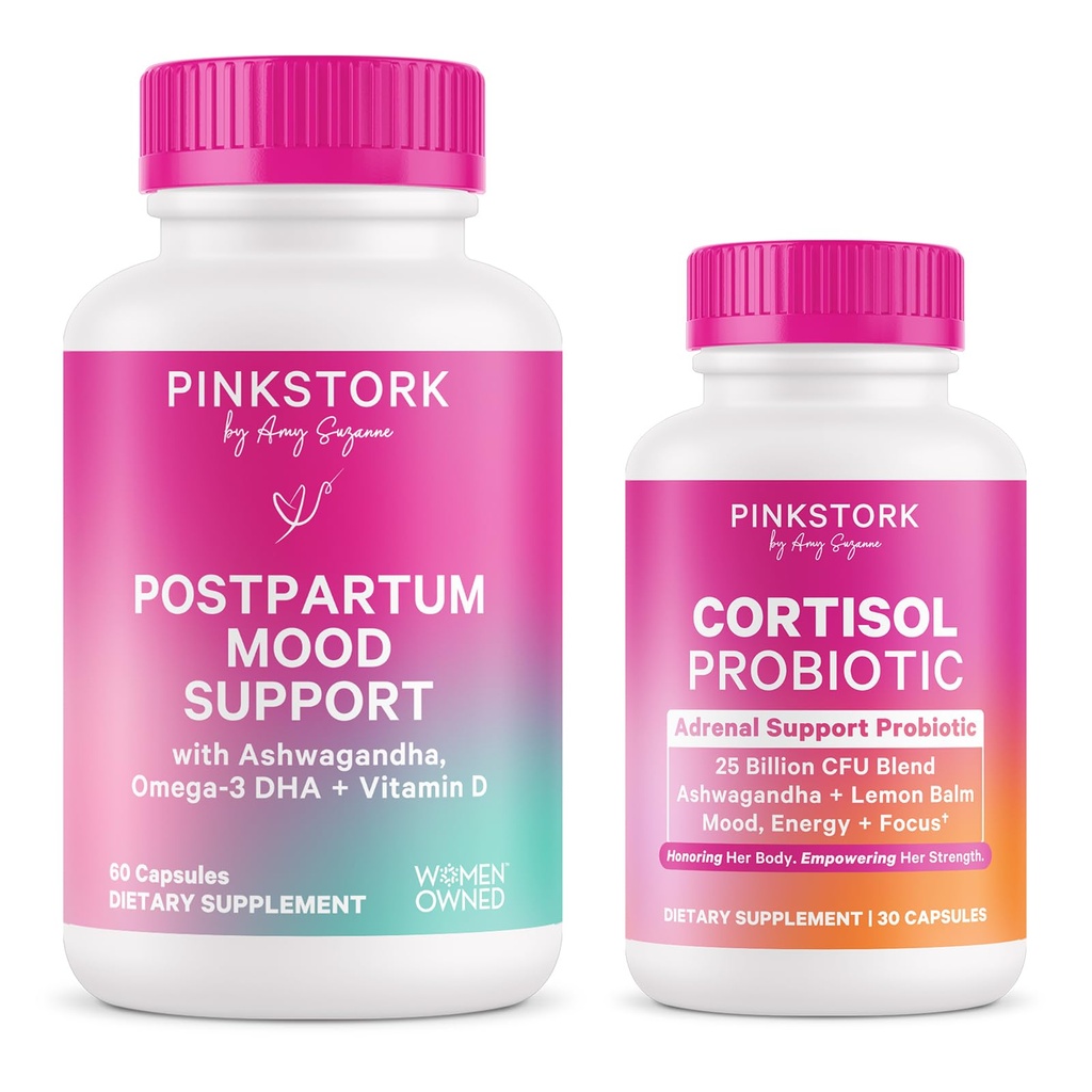 Pink Stork Postpartum Mood & Stress Support for New Moms | Mood Support Capsules with Adaptogens & Cortisol Probiotic | Hormone, Energy, & Stress Balance | Breastfeeding Friendly