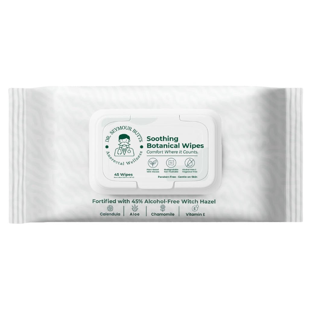 Dr. Seymour Butts Hemorrhoid Care Wipes – 45% Witch Hazel, Aloe Vera, Vitamin E & Calendula | Alcohol-Free Soothing Cleansing Wipes for Gentle Comfort and Hygiene – 45 Count