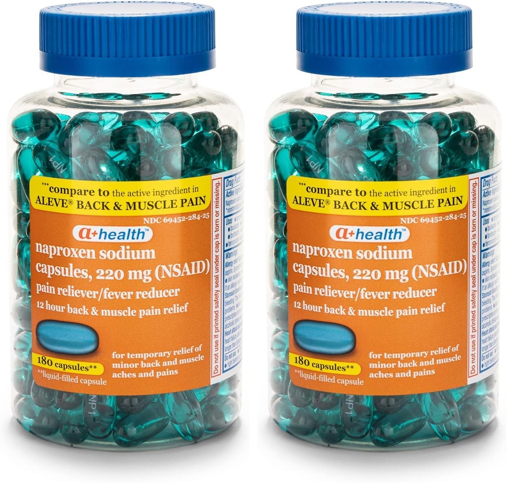 A+Health Naproxen Sodium 220 Mg Liquid Gels Back and Muscle Pain,Pain Reliever/Fever Reducer (NSAID),180 Count (Pack of 2)