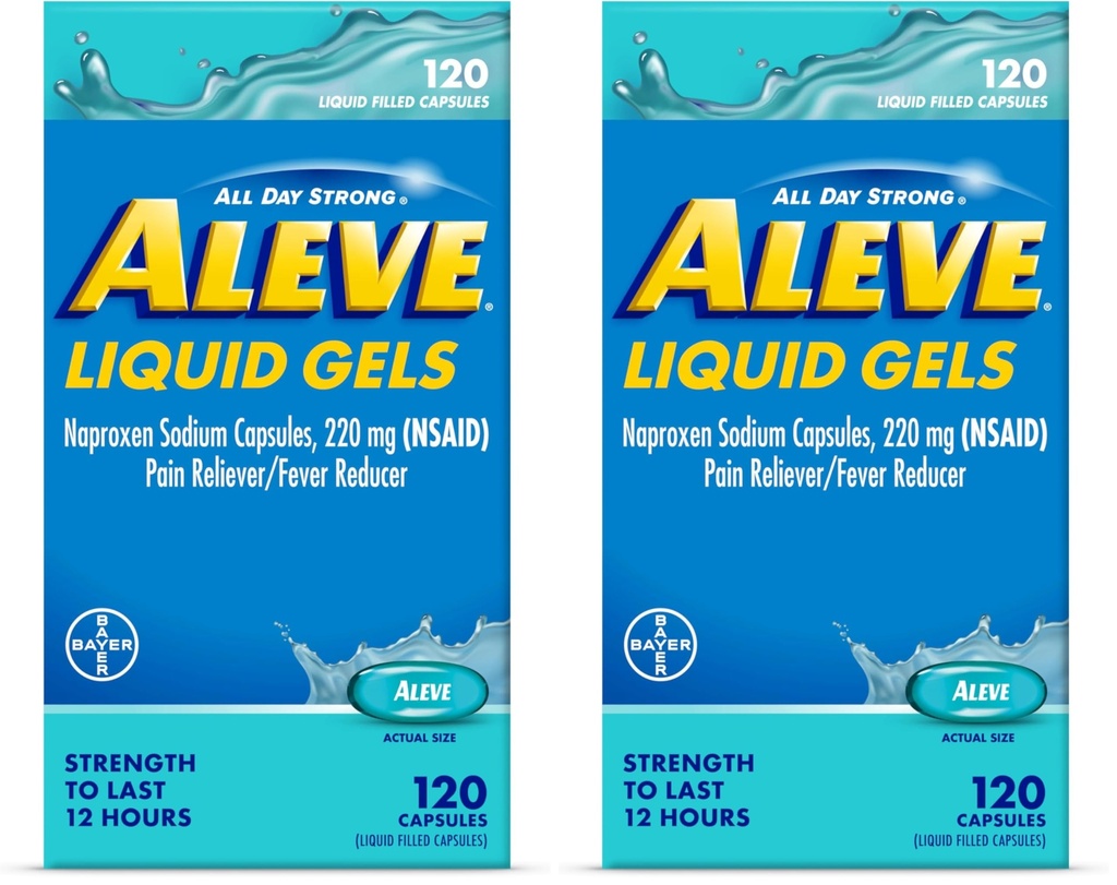 Aleve Liquid Capsules,Naproxen Sodium Capsules 220 mg (NSAID),Pain Reliever/Fever Reducer,Fast Pain Relief,120 Count (Pack of 2)