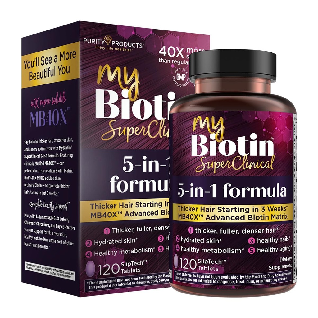 Προϊόντα καθαρότητας MyBiotin SuperClinical New 5-σε-1 Elite Multivitamin + MB40X Biotin Matrix Daily Multi - Thicker Hair Ξεκινώντας σε 3 εβδομάδες - 40X More Soluble vs Συνηθισμένα Καρφιά Δέρμα - 120 Tabs
