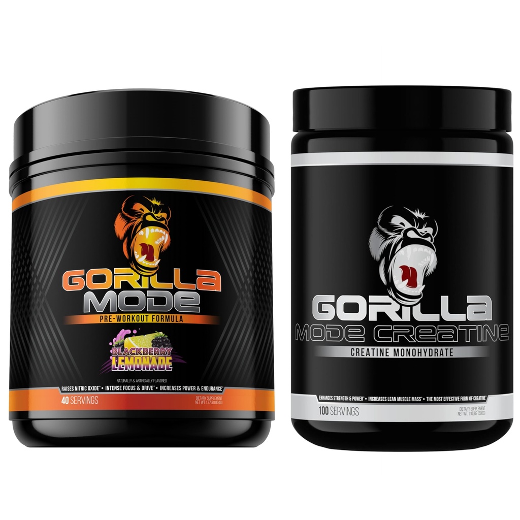 Gorilla Mind Pre Workout (BlackBerry Lemonade) + Creatine (100 Serv.) - Comprehensive Stack for Improved Strength, Power Output, and Muscle Size