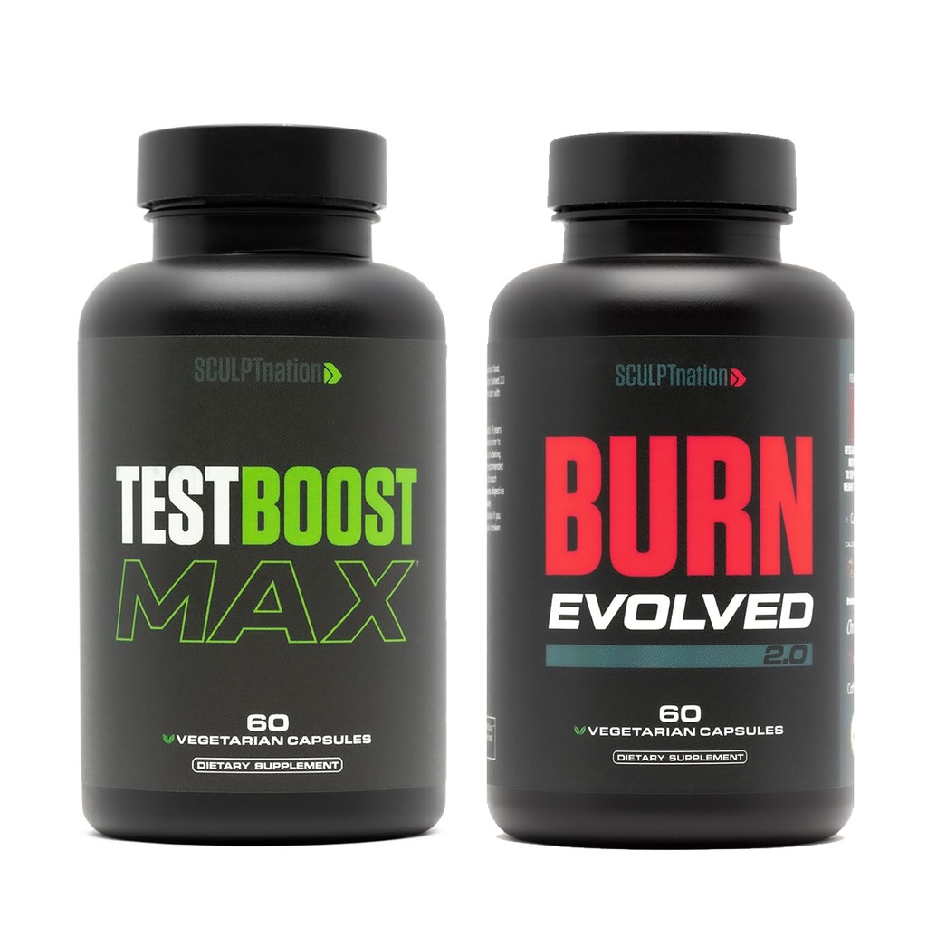 Sculpt Nation by V Shred T-Boost Max and Burn Evolved Testosterone Booster and Metabolism Support - Promotes Natural Energy and Endurance for Men - 2-Pack - 60 Capsules