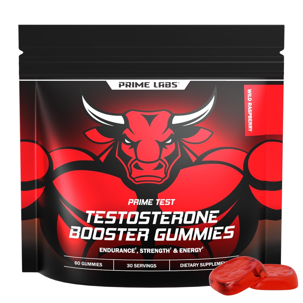 Prime Labs Prime Test Testosterone Booster Gummies for Men - Tongkat Ali, Horny Goat Weed, Saw Palmetto, Boron & Vitamin D3 - Non-GMO, 3rd Party Tested - 60 Count