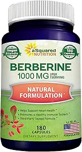aSquared Nutrition Pure Berberine 1000mg Supplement - 180 Κάψουλες Veggie, Φυσικό Υδροχλωρικό Βερβερίνης HCL Plus, Max Strength 1000 mg (2X 500mg), Poent Berberine Vegan Extract