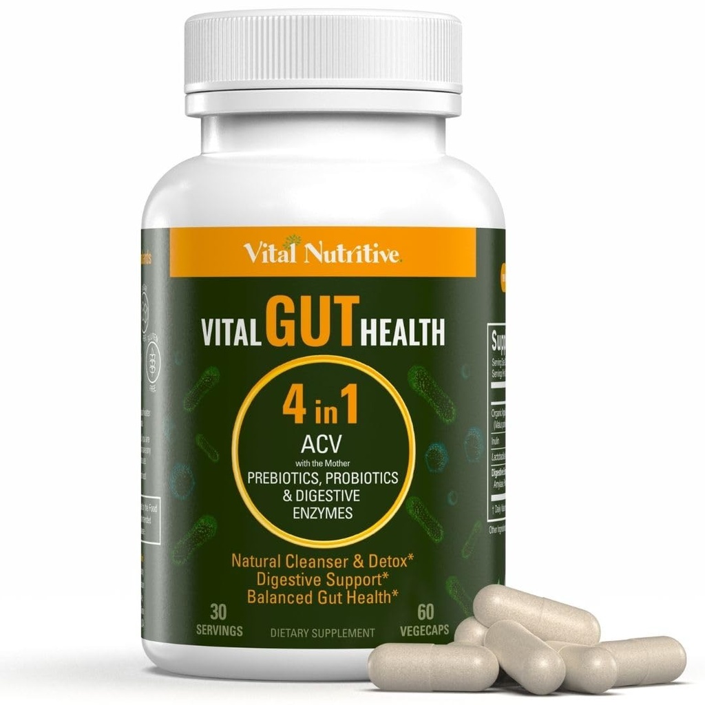 Vital Gut Health 4in1 Formula with Apple Cider Vinegar, Prebiotics & Probiotics, Digestive Enzymes for Strong Immunity Support and Complete Gut and Digestion Support- 30 Days Supply