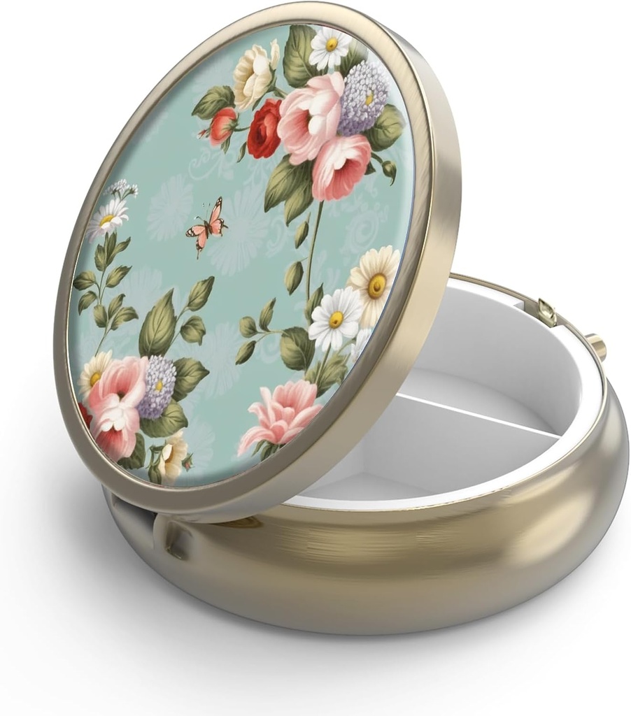 Χάπια κασετίνα χάπι με καθρέφτη Retro 3 διαμέρισμα μικρή θήκη χάπι για την τσάντα ή τσέπη μπρούτζινο μικρό κουτί ρόδα χάπια ή βιταμίνες, ιχθυέλαιο, συμπληρώματα, χάπια Containe ταξιδιωτικά δώρα ( Ρέτρο Γκριν Φλόραλ)