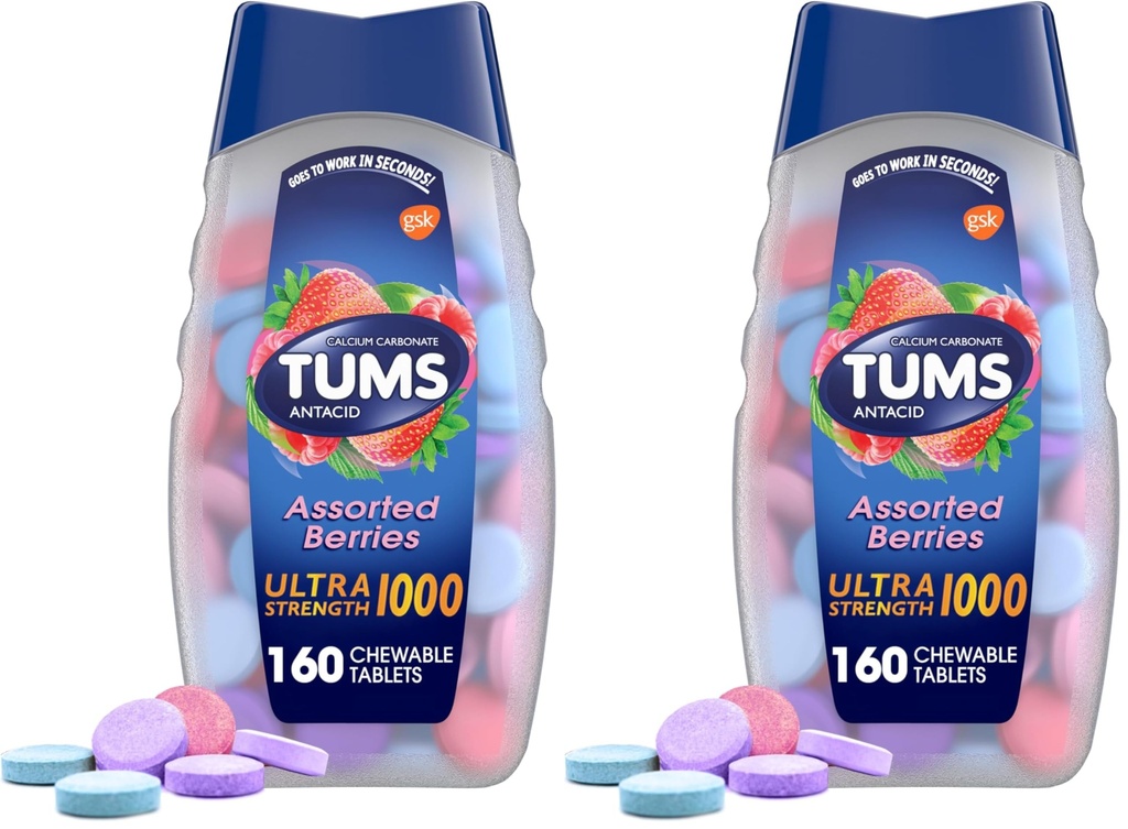 TUMS Ultra Strength Chewable Antacid Tablets for Heartburn Relief and Acid Indigestion Relief, Assorted Berries - 160 Count (Pack of 2)