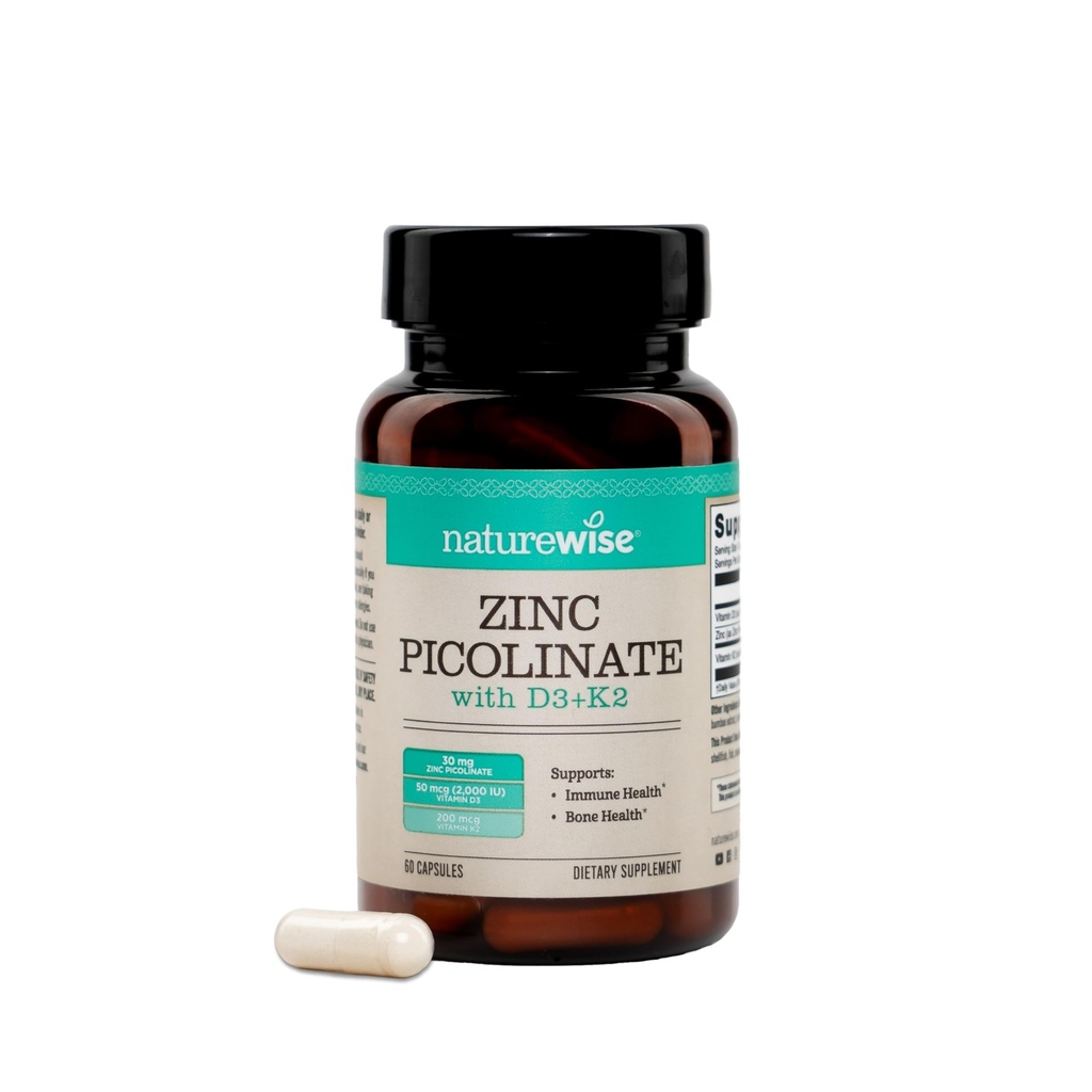 NatureWise Zinc Picolinate with D3 + K2 - Zinc Supplements for Men & Women + Vitamin D3 K2 - Supports Immune & Bone Health* - Non-GMO, Gluten Free, USA Manufactured - 60 Capsules[60 Day Supply]