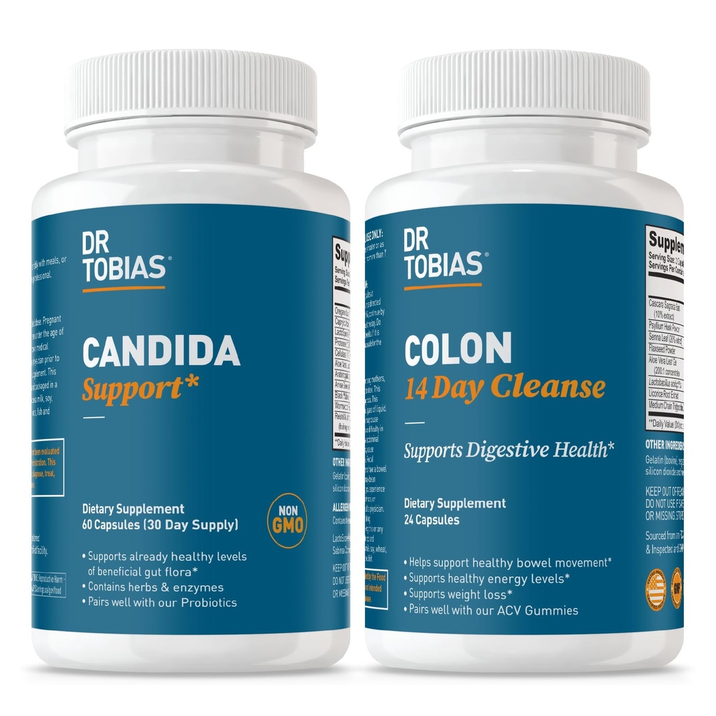 Dr. Tobias Candida Support & Colon 14 Day Cleanse – Herbal Gut Detox for Women & Men with Oregano, Probiotics, Senna, Psyllium Husk & Cascara for Intestinal & Digestive Health