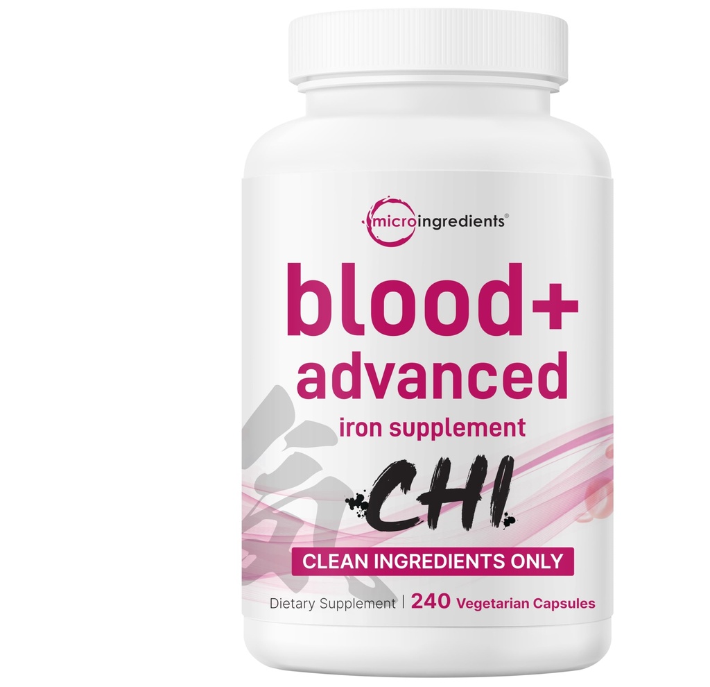 Micro Ingredients Blood+ Advanced Iron Supplement, 240 Veggie Capsules | 14-in-1 Iron Bisglycinate with Folate, Vitamins B, C | Chelated Iron Complex with Botanical Blend | Non-GMO