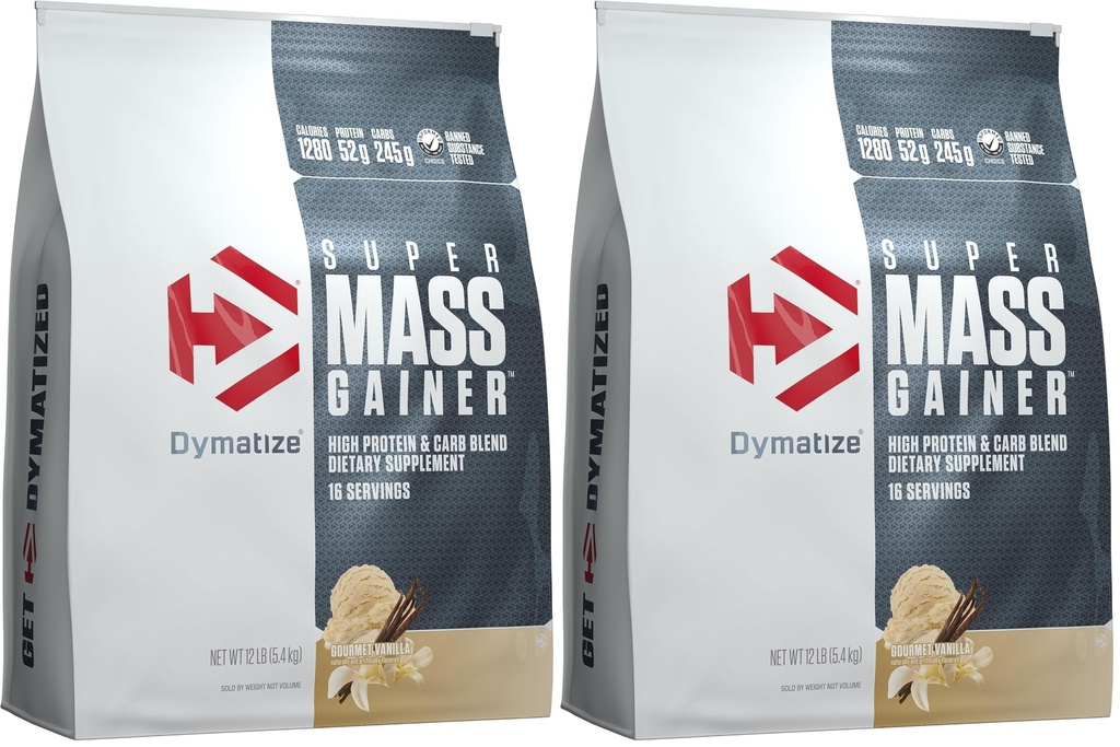 Dymatize Super Mass Gainer Protein Powder, Gourmet Vanilla, 52g Protein, 1g Creatine, 1280 Calories, 10.7g BCAAs, 245g Carbs, Contains Whey Protein, Isolate, and Casein (16 Servings) (Pack of 2)