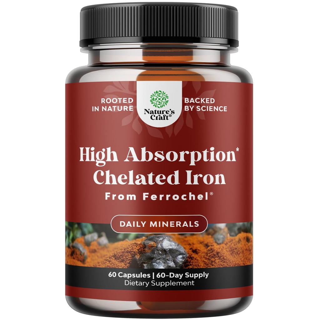 Slow Release Iron Supplement for Women & Men - Supports Health - Blood Support Iron Bisglycinate with Vitamin C - Gentle Energy & Immune Support - High Absorption Ferrous Bisglycinate - 60 Count