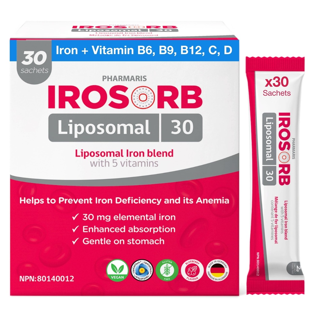 Pharmaris IROSORB Liposomal Iron Supplement, 30mg Elemental Iron with 5 Vitamins (Vitamin C, B12, B6, D, B9), High Absorption & Gentle on Stomach for Women & Men, Blueberry Flavor Powder, 30 Sachets