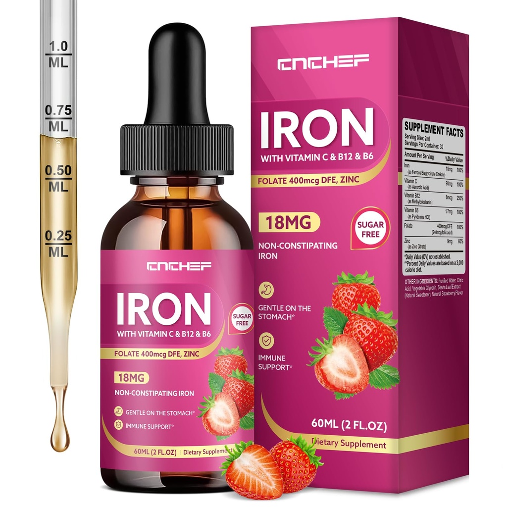 Liquid Iron Supplement for Women, Men & Kids 18mg with Vitamin C, B12, B6, Folate & Zinc | High Absorption Ferrous Bisglycinate Chelate, Natural Strawberry Flavor, Sugar-Free, Anemia & Energy Support