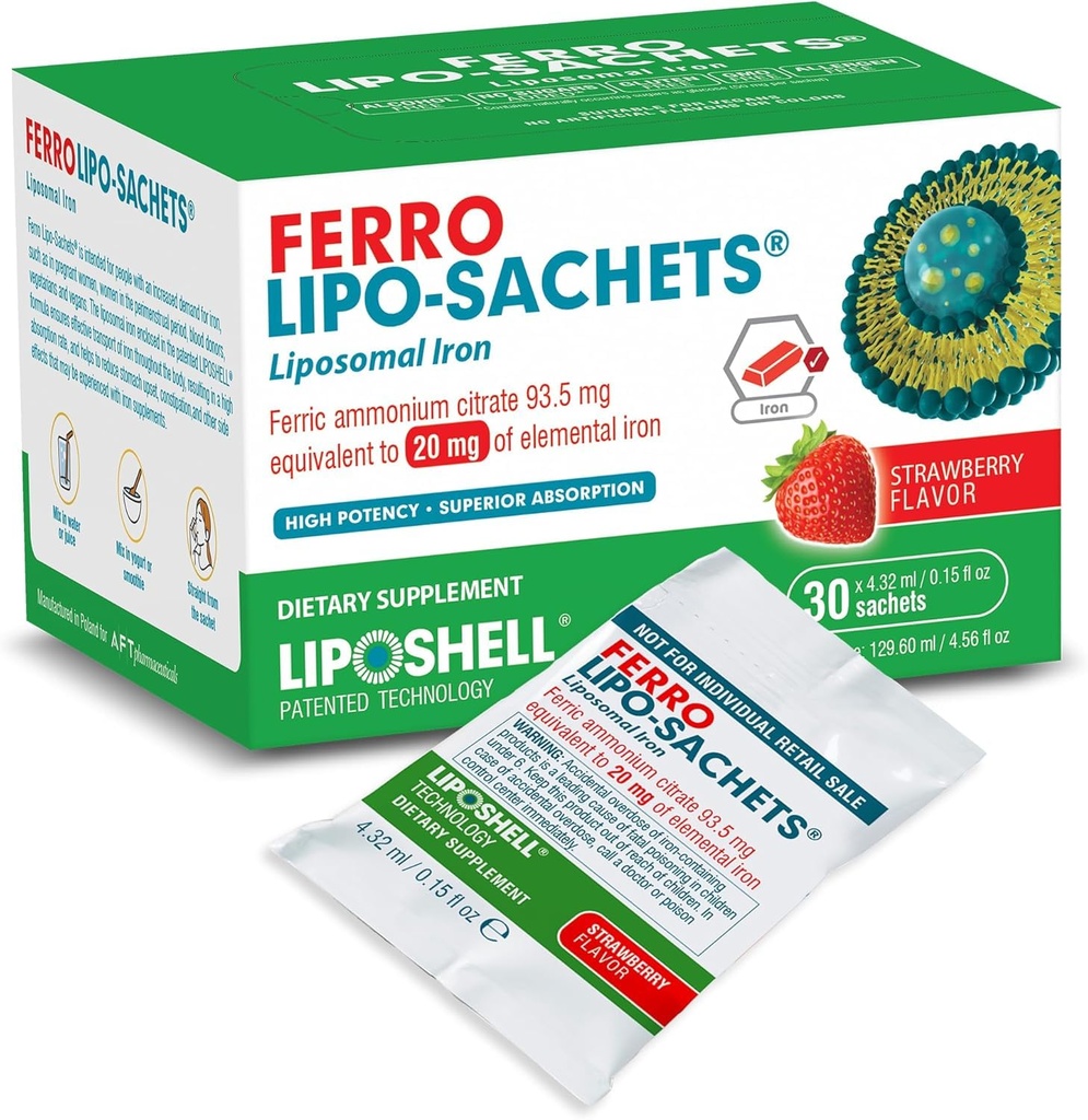 Ferro Lipo-Sachets Liposomal Iron Supplement - Liquid Iron Supplement for Women & Men - Gentle on the Stomach, Non GMO, Vegan Iron Supplements - 30 Iron Gel Packets