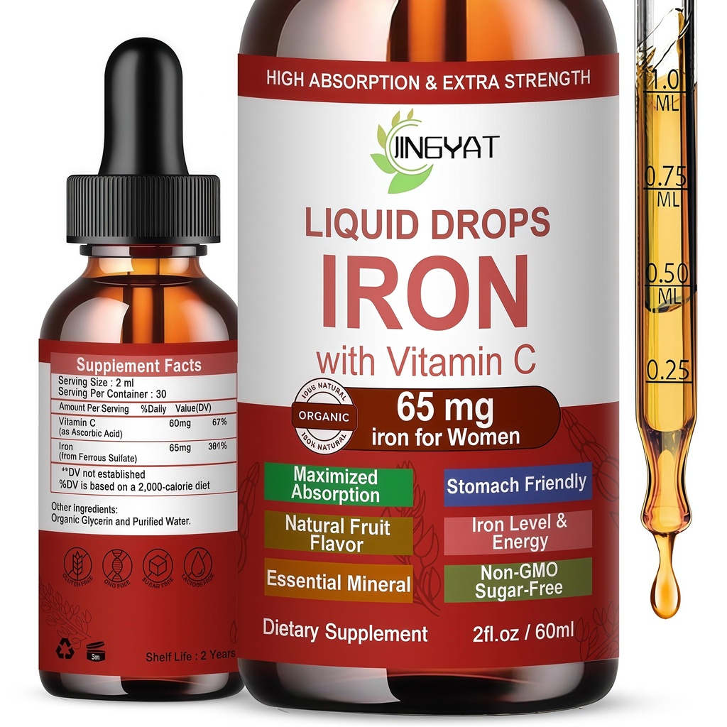 Iron Supplement Liquid Drops, High Absorption Iron Supplement for Women 65 mg, Liquid Iron for Red Blood Cell Support*, Vegan Essential Mineral Iron Drops with Vitamin C, Non-GMO, 30 Servings