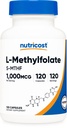 Nutricost Methylfolate 1000mcg, 120 κάψουλες χορτοφάγων - Χωρίς γλουτένη, μη ΓΤΟ