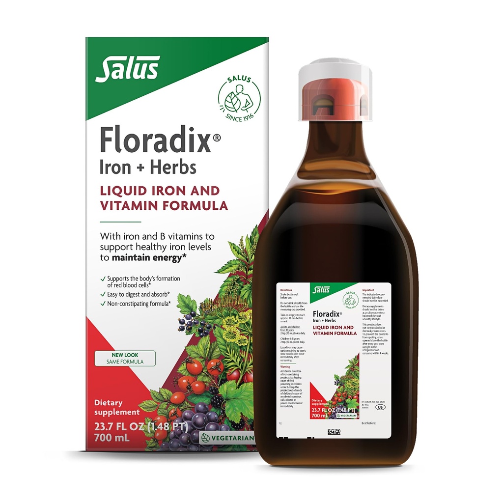 Floradix Iron & Herbs - Liquid Herbal Supplement for Energy Support - Iron Supplement with Vitamin C & Vitamin B Complex - Ferrous Gluconate Iron - for Men & Women - 23.7 fl oz