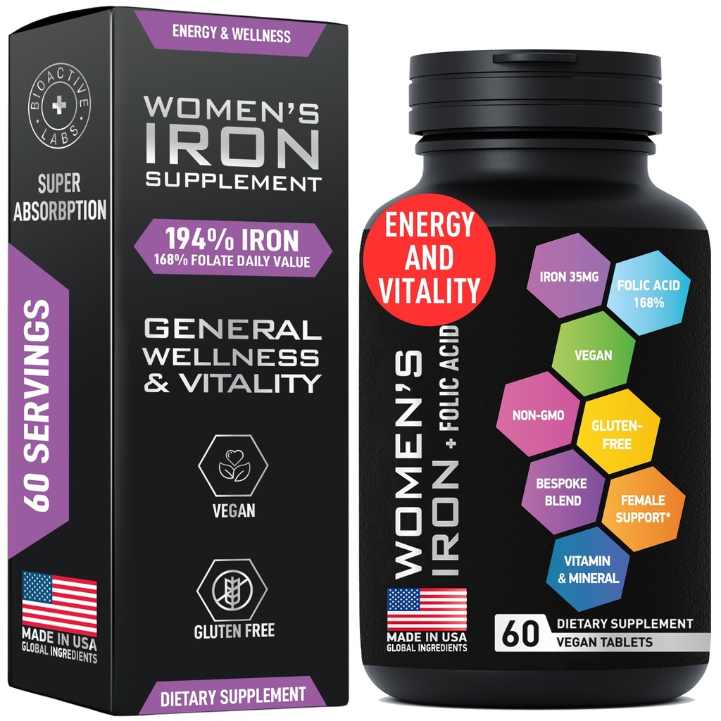 Vegan Iron Supplements for Women with Folic Acid - 35mg Gentle Iron, 400mcg Folic Acid - Ferrous Sulfate Blood Builder for Anemia, Pregnant Women and Red Blood Cell Support - 60 Gluten-Free Tablets