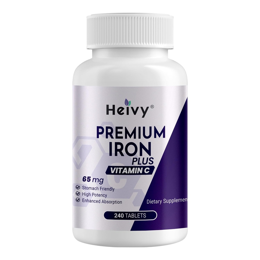 Heivy Ferrous Sulfate 325mg, Iron 65mg, Iron with Vitamin C – High Potency Iron Supplement for Women & Men – Premium Pure Ingredients, Gentle on Stomach, 240 Tablets, Made in USA