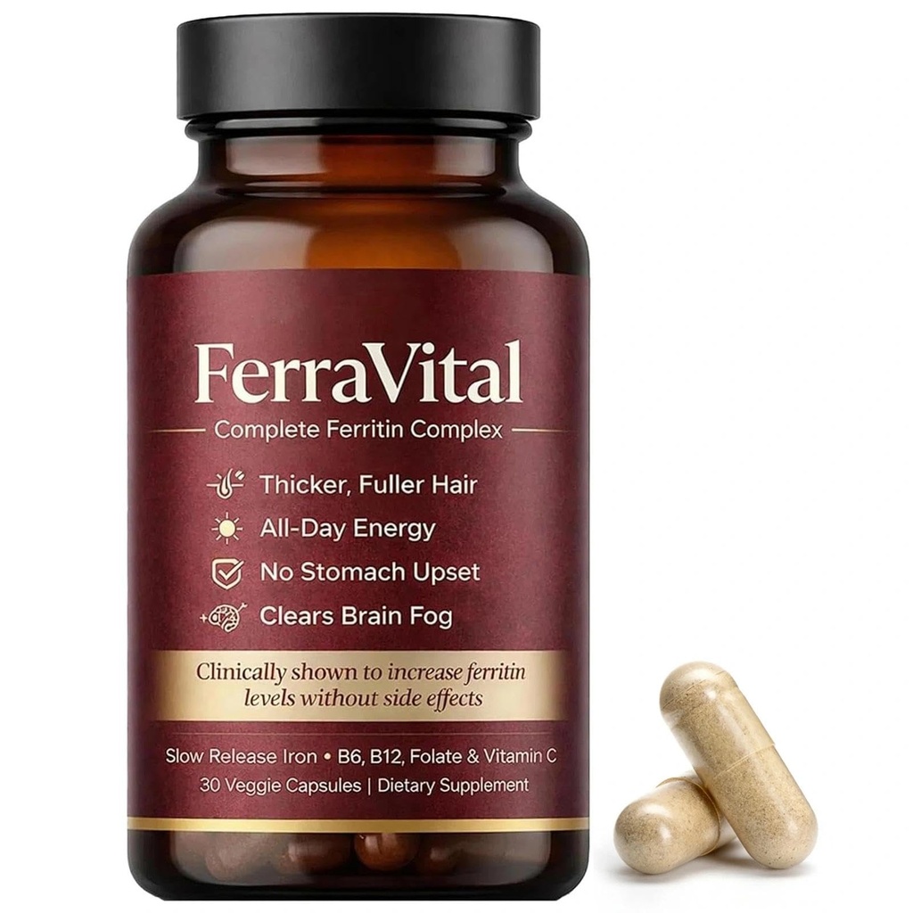 Ferritin Supplement for Women – Supports Healthy Iron & Energy Levels – with Ferrous Glycine, Vitamins C, B12, B6, Folate, Zinc & Probiotics – 60 Capsules
