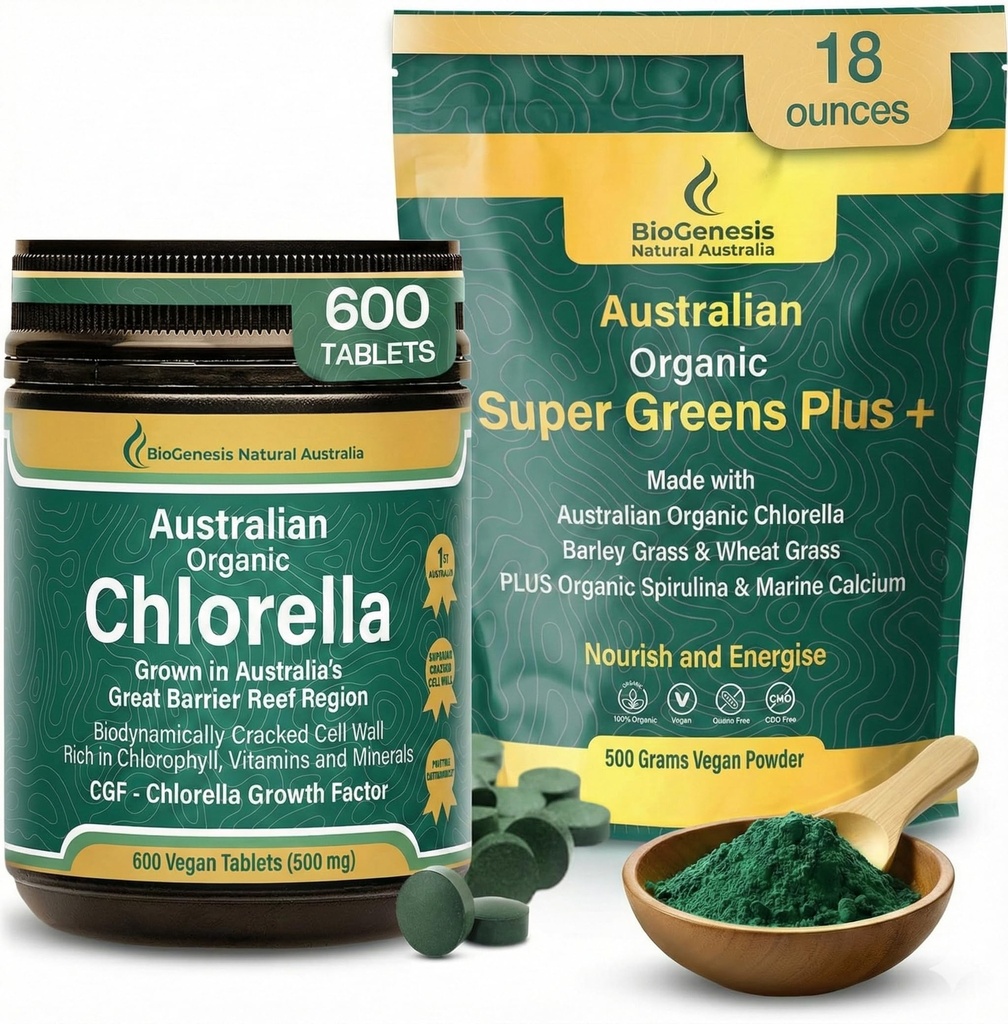 Biogenesis Bio-Active Vitality Stack | BioDynamic Cracked Cell Chlorella + Organic SuperGreens Complex | Australian Grown High-Absorption Duo | Potent Clean Energy, Detox & Gut Health