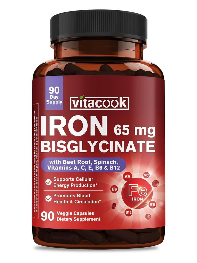 Iron Supplement for Women & Men, 65mg Ferrous Bisglycinate Chelate, Slow Release Iron with Vitamins A C E B6, B12, Folate, Organic Spinach & Beet Root Powder, for Blood Flow & Energy Support, 90 Caps