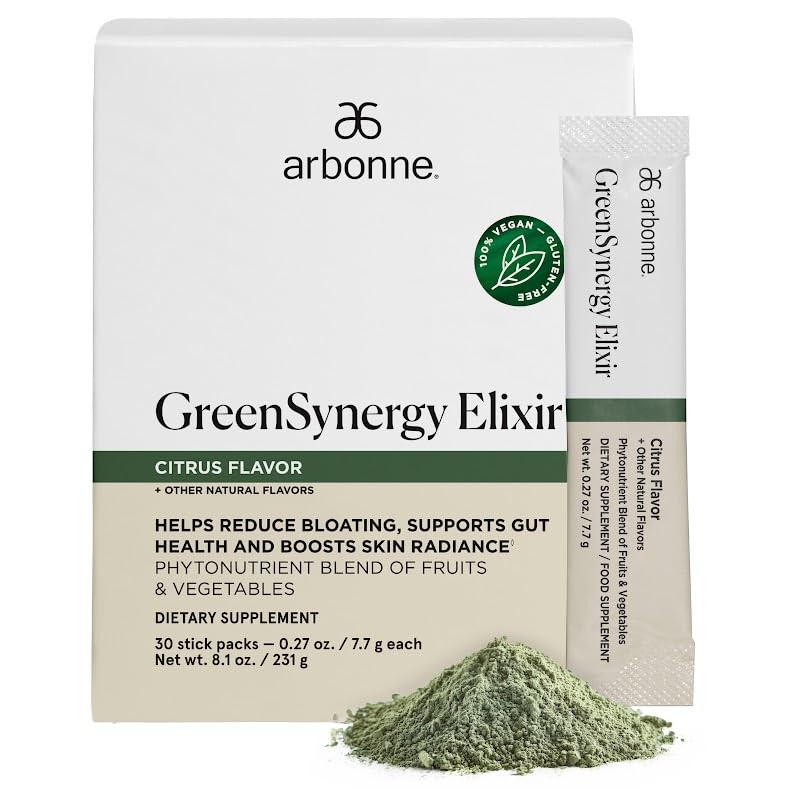 Arbonne Vegan Greens Powder – Citrus-Flavored GSE with 13 Digestive Enzymes, Vegan Collagen Builder, Probiotics, and Prebiotics – Gut Health and Skincare – 30 Stick Packs