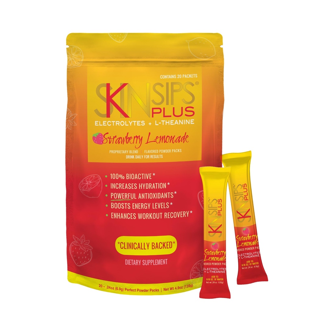 Plus Electrolyte Powder Drink Mix with L-Theanine, Strawberry Lemonade Hydration & Recovery Supplement, Antioxidant Drink, 20 Packets